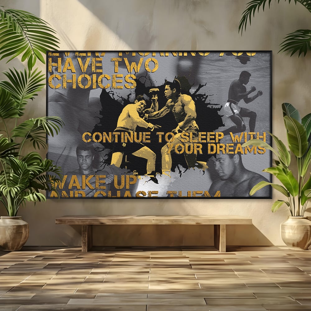 Tablou canvas cu tablou canvas motivational cu muhammad ali, in rama de aluminiu negru